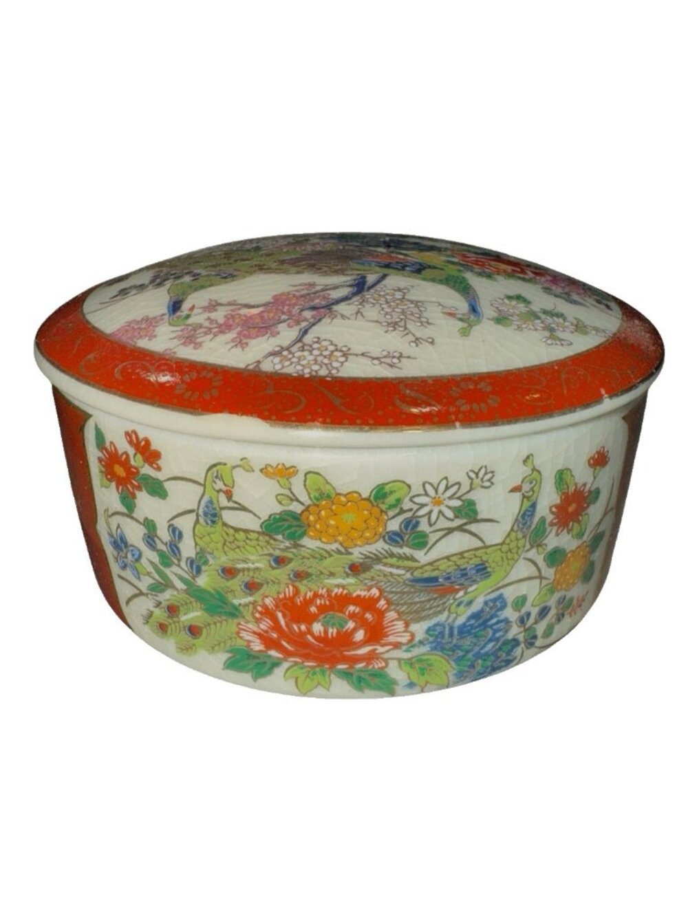 Vintage Satsuma Japanese Peacock Jewelry Box 3.75" Made in Japan